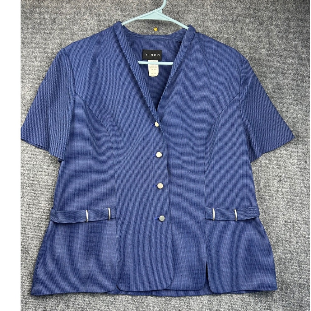 Virgo Womens Blue Micro Check Short Sleeve Blazer Top Size 14 Made in USA V-Neck